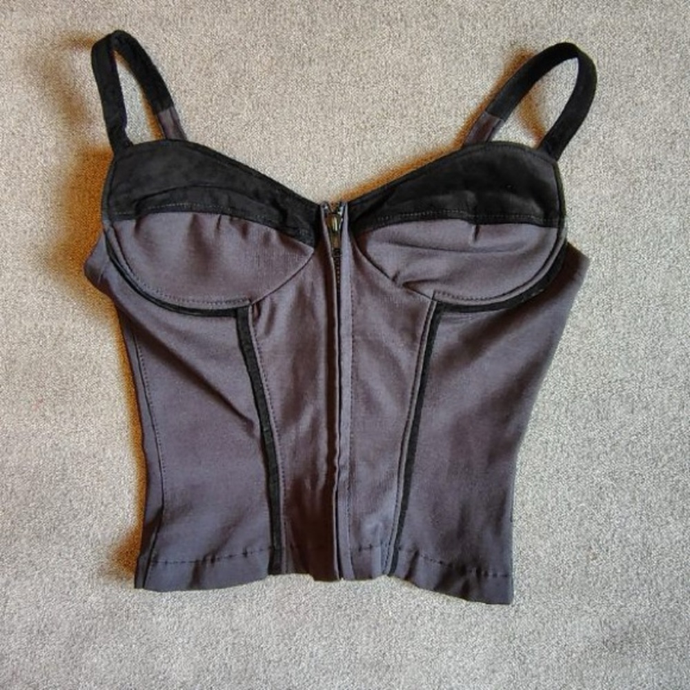 Vtg 90s Mambo Bustier Corset Top Women M Zip Front Black Leather Witchy Goth USA
